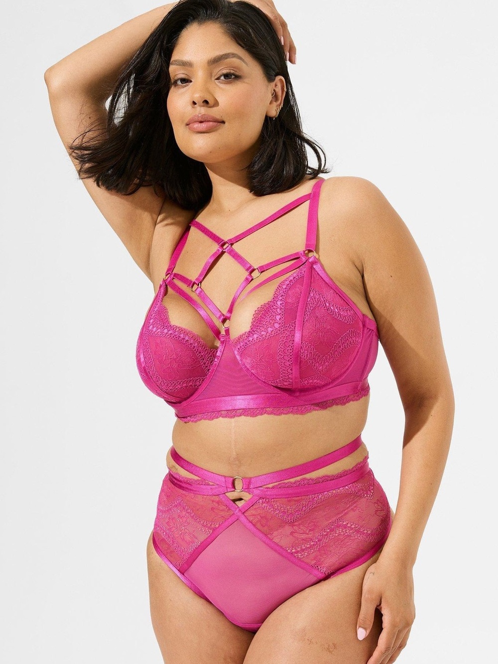 Torrid Fuchsia Pink Boudoir Strappy Lace Bralette & High Waist Brief Set NWT